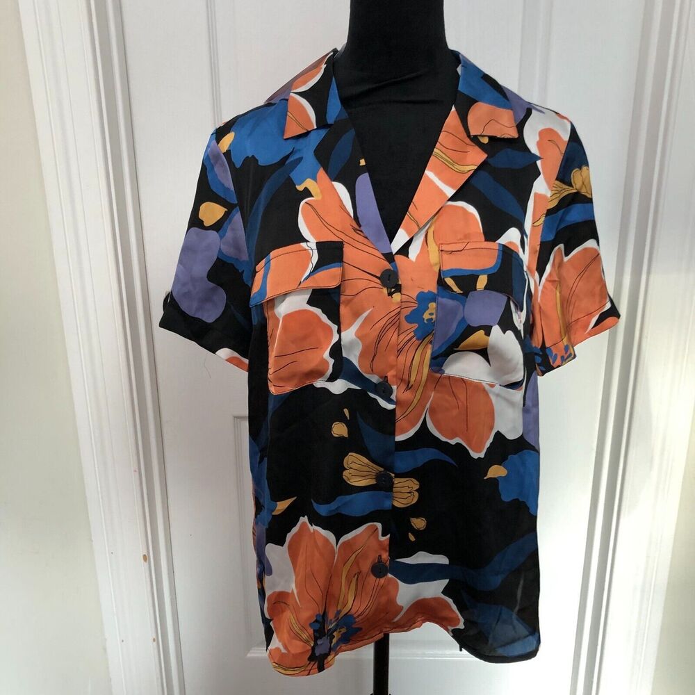DR2 Womens Medium Floral Button Down Camp Shirt Short Sleeve DR22998PDS‎ NEW